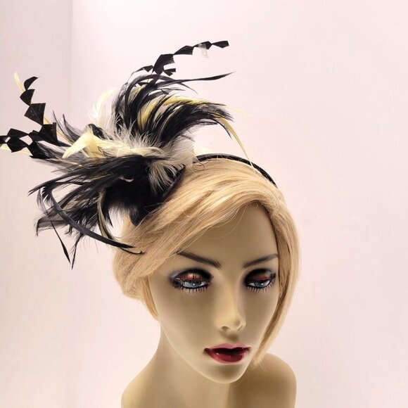 Black and Cream Feathers Fascinator on a Headband - Picture 3 of 14